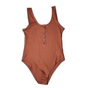 H&M ribbed Henley burnt orange body suit